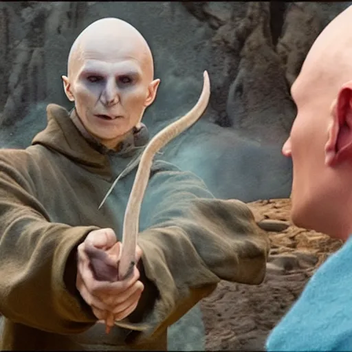 Image similar to vlodymyr zielinski as voldemort tormenting harry potter and friends