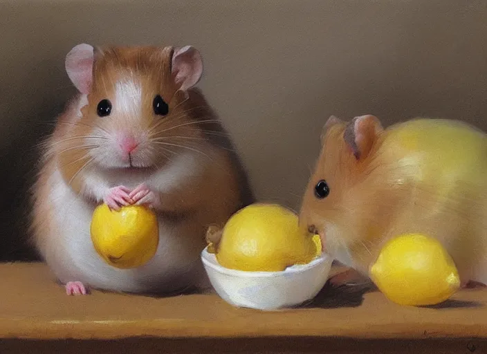 Prompt: a highly detailed beautiful portrait of a cute little hamster eating lemon, by gregory manchess, james gurney, james jean
