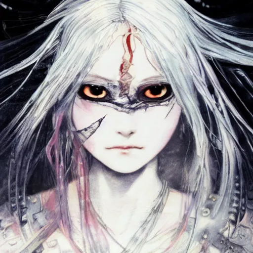 Image similar to Yoshitaka Amano blurred and dreamy illustration of an anime girl with pirate eye patch, wavy white hair and cracks on her face wearing Elden ring armour with the cape fluttering in the wind, abstract black and white patterns on the background, noisy film grain effect, highly detailed, Renaissance oil painting, weird portrait angle