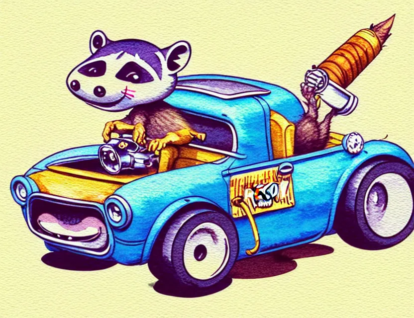 Image similar to cute and funny,'racoon smoking a cigar'riding in a tiny hot rod with oversized engine, ratfink style by ed roth, centered award winning watercolor pen illustration, isometric illustration by chihiro iwasaki, edited by range murata, tiny details by artgerm and watercolor girl, symmetrically isometrically centered