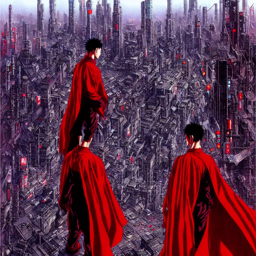 Image similar to tetsuo with red cape in neo - tokyo overlooking city, from akira | anime, matte painting, perfect detailed face anime art, dystopian megacity neo - tokyo akira, shaded perfect, fine details. realistic shaded lighting anime manga artwork by katsuhiro otomo, akira, artgerm, jeremy lipkin and michael garmash and rob rey