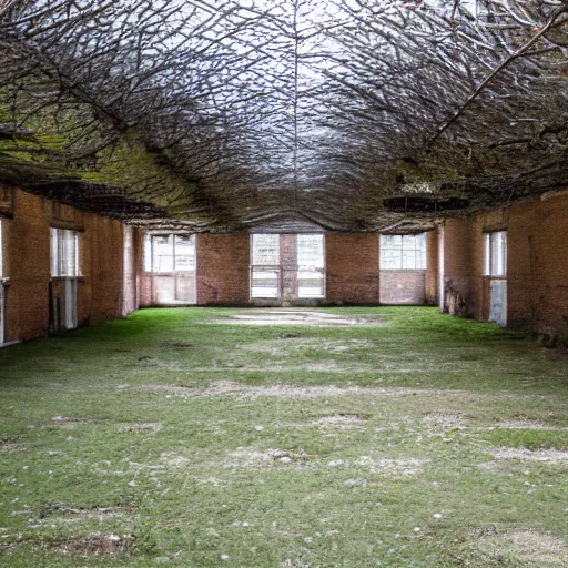 Prompt: an empty school, in good condition, floor is grass and stone pathways. warm and moody.