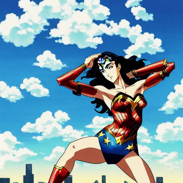 Image similar to painting of bloodlines wonder woman with urban japanese city in the background in the style of cowboy bebop, calm, fantasy character portrait, dynamic pose, above view, sunny day, thunder clouds in the sky, artwork by makoto shinkai, very coherent asymmetrical artwork, sharp edges, perfect face, simple form, 1 0 0 mm