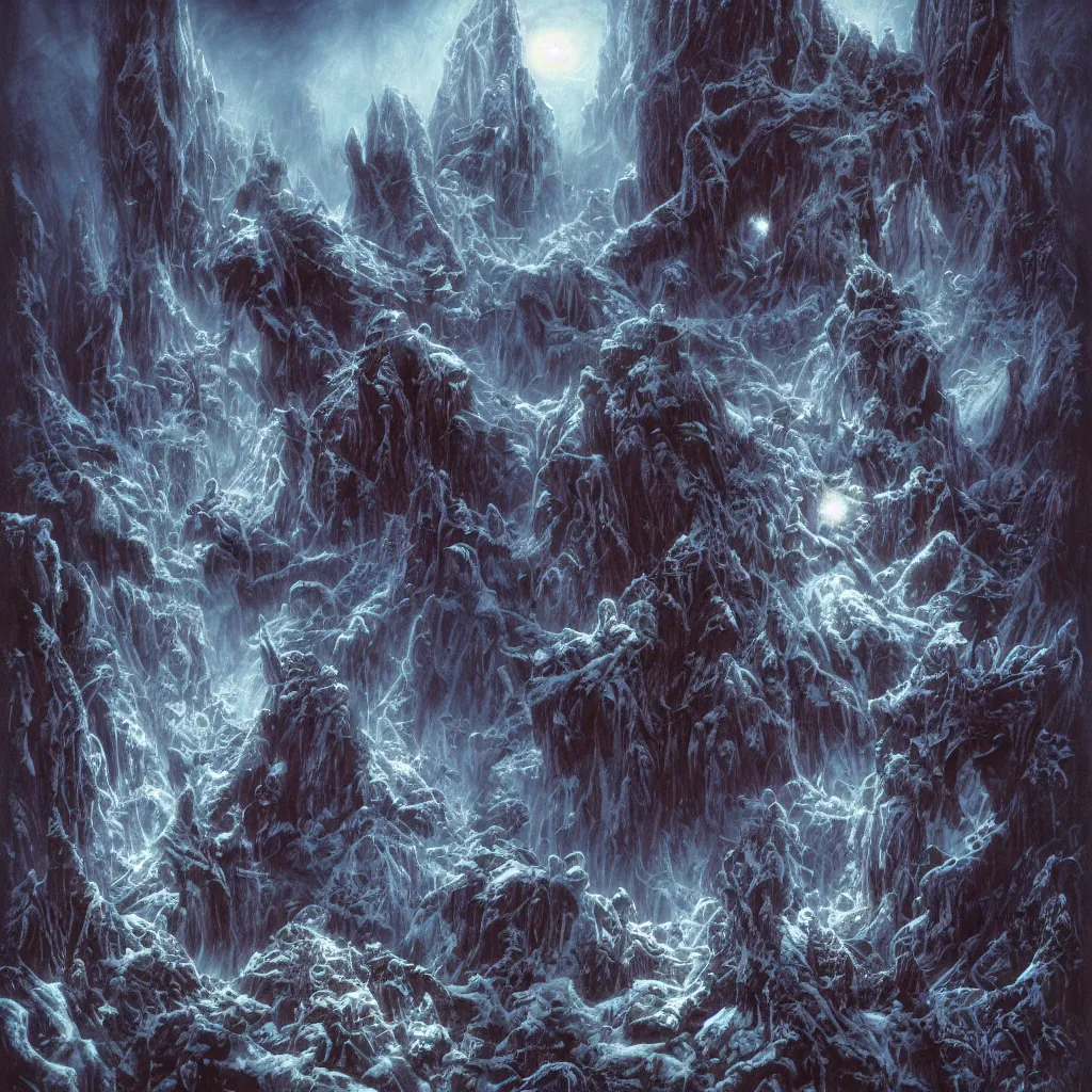 Image similar to haunted mountains of madness at night, upward cinematic angle, by rodney matthews, michael kaluta and bill sienkiewicz, ghostly darkness, thick lush winter atmosphere, stunning composition, screaming skull faces, intricate, dark eerie night color scheme, elegant, digital art, hyperdetailed, colorful hyperrealism, brilliant photorealism, horror, masterpiece, 4k