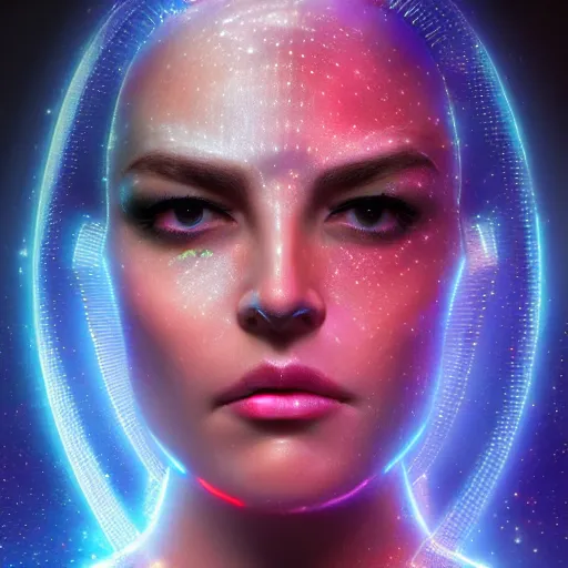 Prompt: celestial goddess facial portrait, legendary epic shot, 90s make-up, galaxy space hunter, cyber implants, wires, low angle, dawn, by artgerm, julie bell, beeple and Greg Rutkowski, airbrush, science fantasy, 90s, concept art, realistic matte painting, Smooth gradients, octane render, 8k, High contrast, duo tone, depth of field, volumetric lightning, very coherent, symmetrical, skin pore detail