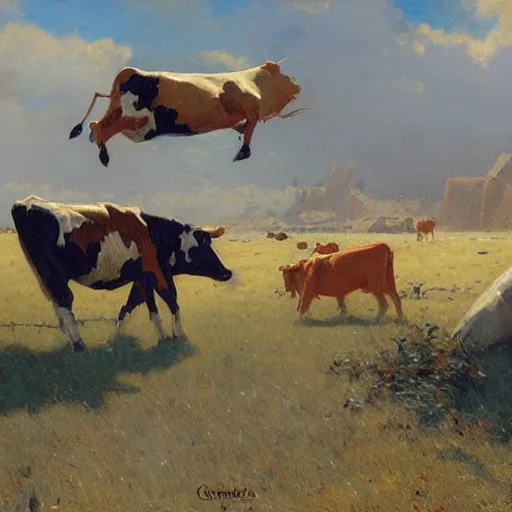 Prompt: cows flying in the camp, painting by Gaston Bussiere, Craig Mullins