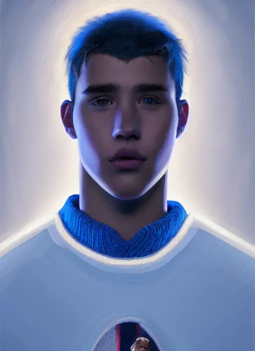 Image similar to portrait of high school senior boy named big moose, blonde short hair, jock, beefy, wide face, square jaw, square facial structure, blue varsity jacket with his name, intricate, elegant, glowing lights, highly detailed, digital painting, artstation, concept art, sharp focus, illustration, art by wlop, mars ravelo and greg rutkowski