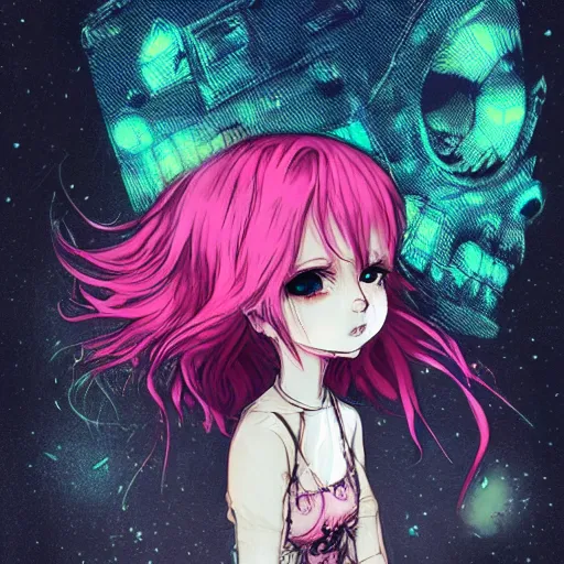 Prompt: view drawing full body un magic pose, portrait of a grungy skull anime and chibi very cute doll by super ss, cyberpunk fashion, curly pink hair, night sky, looking up, by wlop, james jean, victo ngai, muted colors, highly detailed