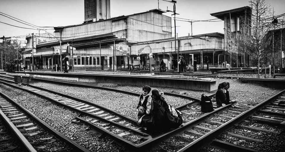 Image similar to School girls waiting on a urban train station, gloomy and misterious atmosphere