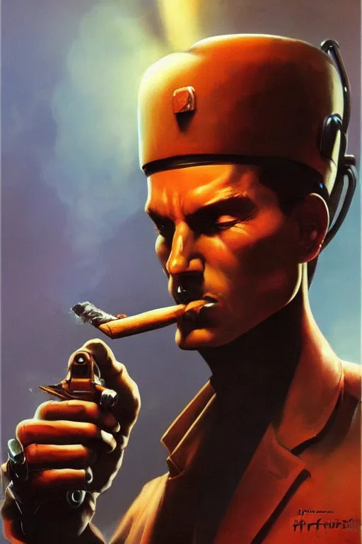 Prompt: An android smoking a cigar in a cyberpunk setting, by Frank Frazetta, Trending on Artstation, highly detailed,