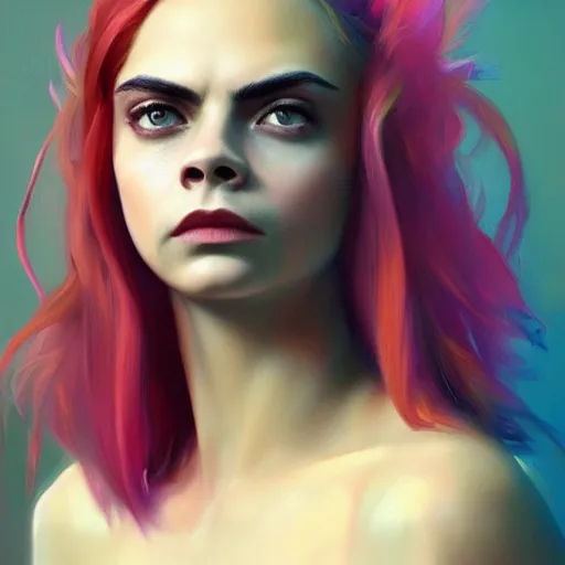 Prompt: cara delevingne, colorful oil painting by greg rutkowski, charlie bowater, yuumei, yanjun cheng, unreal 5, daz, hyperrealistic, octane render, rpg portrait, dynamic lighting, fantasy art, beautiful face