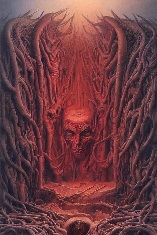 Prompt: hyper realistic painting portrait of the gates of hell by wayne barlowe, beksinski, hr giger, austin osman spare