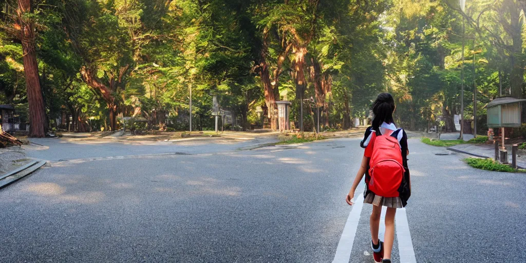 Image similar to schoolgirl with backpack walking home from school in a japanese suburb with high redwood trees. puddles after the rain. neo - georgian city blocks and stone brick retaining walls near the sidewalk. anime studio ghibli screenshot trending on artstation.