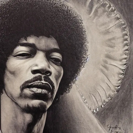 Image similar to artwork by Franklin Booth showing a portrait of Jimi Hendrix