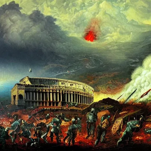 Prompt: nuclear war, fall of rome, epic painting