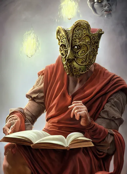 Image similar to Magic Floating Thespian Mask reading a book, no body, bodyless, theater mask, Ivan Aivakovsky, Boris Vallejo, epic fantasy character art, D&D Concept Art, Realistic, Regal, Refined, extremely detailed, Detailed Digital Art, Oil Paining, Exquisite detail, post-processing, masterpiece, Cinematic Lighting, Unreal Engine, 8k, HD, Stanley Artgerm Lau, WLOP, Rossdraws, Frank Frazetta, Andrei Riabovitchev, Marc Simonetti, trending on artstation, flawless