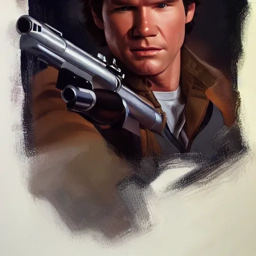 Prompt: han solo holding his blaster, oil painting, artgerm, portrait, highly detailed, artstation