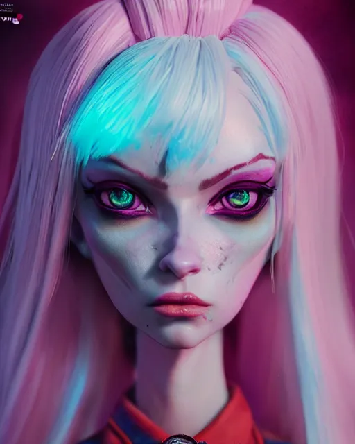 Image similar to portrait of monster high doll, stephen bliss, unreal engine, by greg rutkowski, loish, rhads, makoto shinkai and lois van baarle, ilya kuvshinov, rossdraws, global illumination, radiant light, detailed and intricate environment, pastel lighting