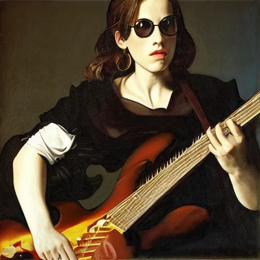 Image similar to Anna Calvi playing electric guitar by Caravaggio and Gottfried Helnwein, masterpiece