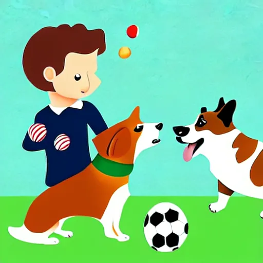 Image similar to illustration of french boy in paris playing football against a corgi who is wearing a polka dot scarf