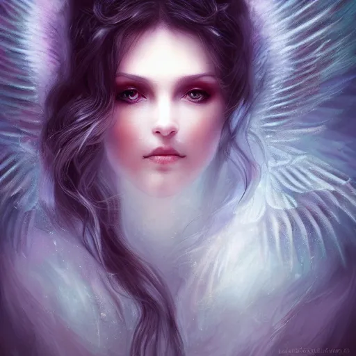 Image similar to head and shoulders portrait of an angelic creature, dark fantasy, mystic, abstract background, feminine beauty, elegant, intricate, face, medium shot, trending on artstation, volumetric light, by Fernanda Suarez and Karol Bak