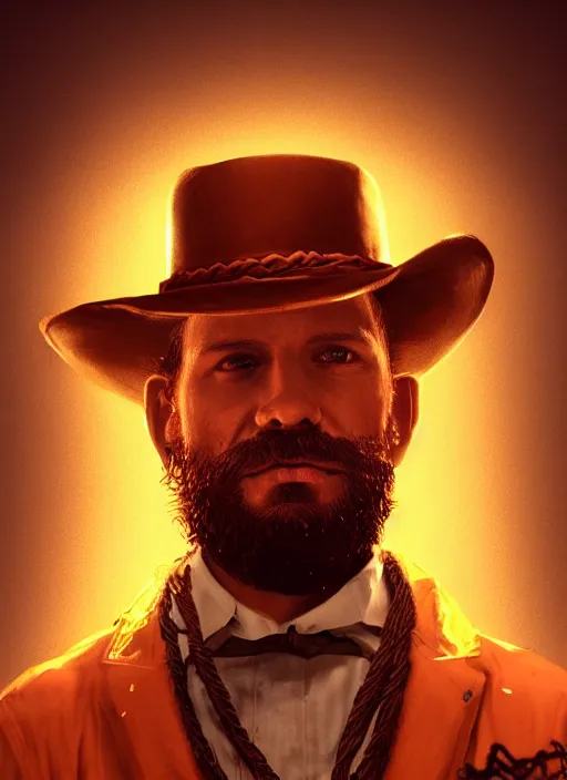 Image similar to glowwave portrait of curly orange hair man from red dead redemption 2, au naturel, hyper detailed, digital art, trending in artstation, cinematic lighting, studio quality, smooth render, unreal engine 5 rendered, octane rendered, art style by klimt and nixeu and ian sprigger and wlop and krenz cushart.