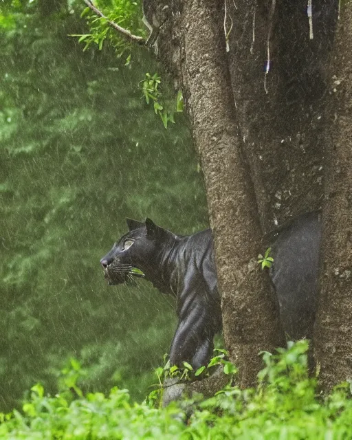 Prompt: a panther in the shade of a big tree during a thunderstorm. Award winning animal photography, dslr, lightning, forest, filmic, portrait.