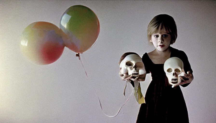 Image similar to 7 0 s film still from a horror movie featuring a child holding a skull and balloon, kodachrome, cinecolor, cinestill, photorealism, cinematic, film grain, film texture, vhs recording