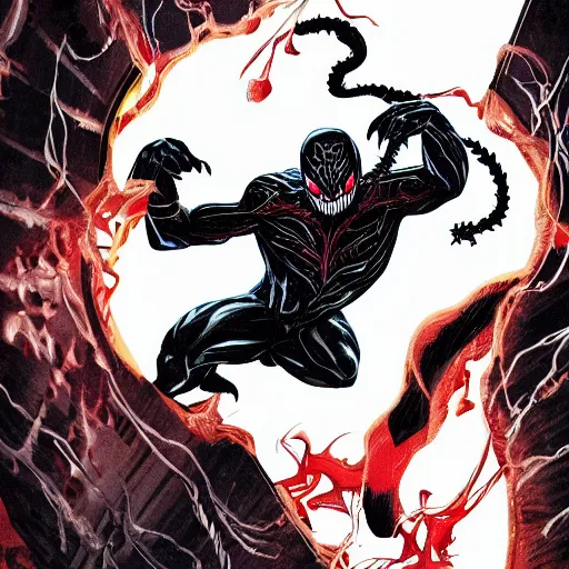 Prompt: venom symbiote fighting carnage symbiote in new york city on a stormy dark night