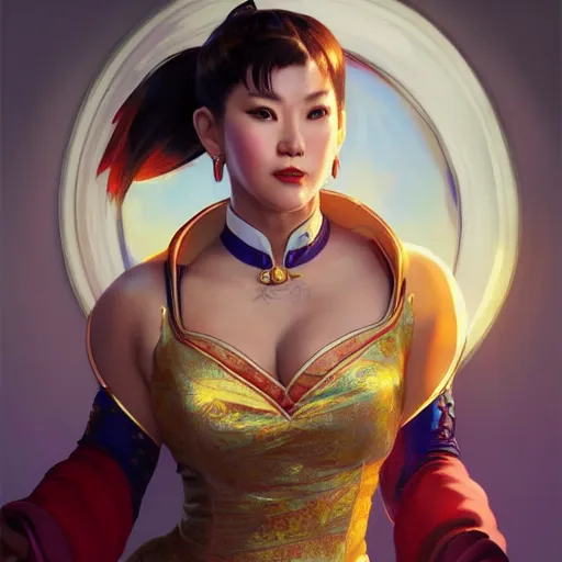 Image similar to Chun Li wearing a qipao, highly detailed, digital painting, artstation, concept art, sharp focus, illustration, cinematic lighting, art by artgerm and greg rutkowski and alphonse mucha