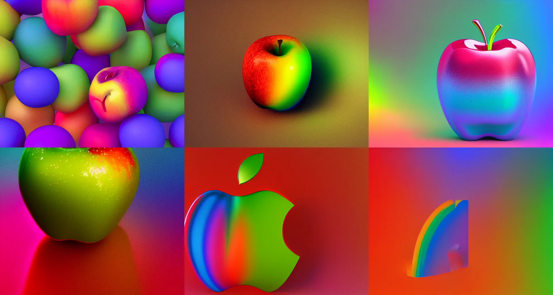Prompt: Apple with the colors of a rainbow, glowing, post processing, Octane Render