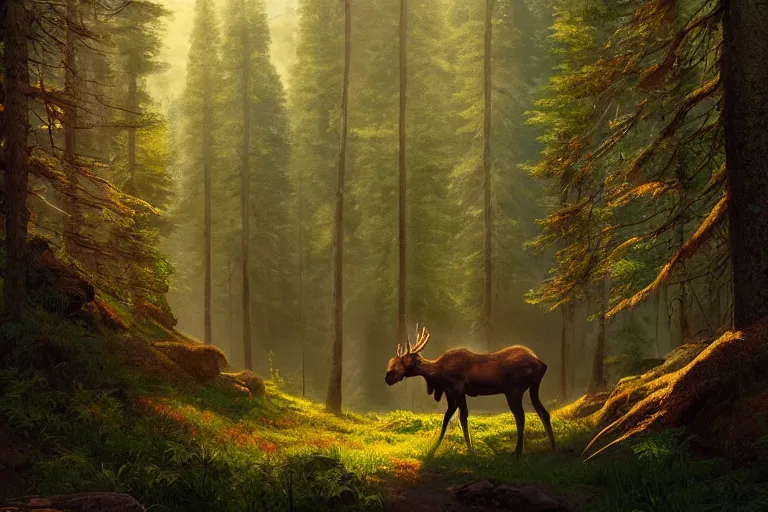 Prompt: a moose in the forest, beautiful dynamic lighting, cinematic, wide angle establishing shot, extremely high detail, photo realistic, cinematic lighting, post processed, concept art, artstation, matte painting, style by frederic church, raphael lacoste