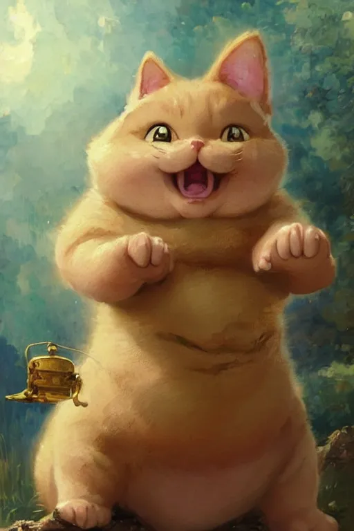 Image similar to a very cute kawai little fat baby cat smiling and proud from dr slump, beautiful painting by louis remy mignot, greg rutkowski, ilya repin, nice lighting, smooth tiny details, soft and clear shadows, low contrast, perfect