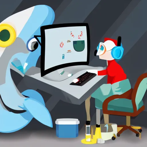 Image similar to An anthropomorphic grey dolphin dressed as a chemist playing games on a computer, digital painting