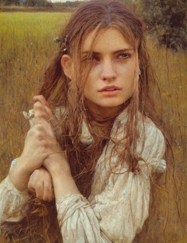 Image similar to peasant girl painting on a canvas, cottage core, cinematic focus, polaroid photo bleached vintage pastel colors high - key lighting, soft lights, foggy, by steve hanks, by lisa yuskavage, by serov valentin, by tarkovsky, detailed, oil on canvas