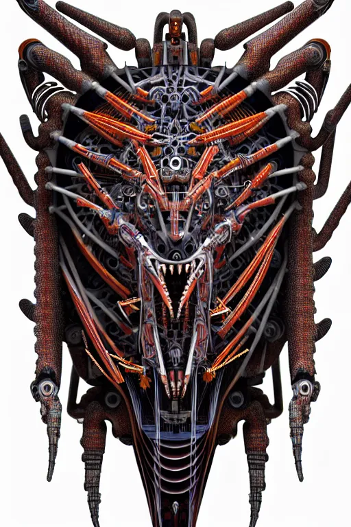 Image similar to a centered uncut fullbody frontview portrait of a robotic predator headed biomechanical creature by clogtwo and subjekt zero feat paul lewin and ø - cult. intricate detailed sharp clean textured very ornated. indian style tapestry design. hd. 4 k. lowbrow color palette