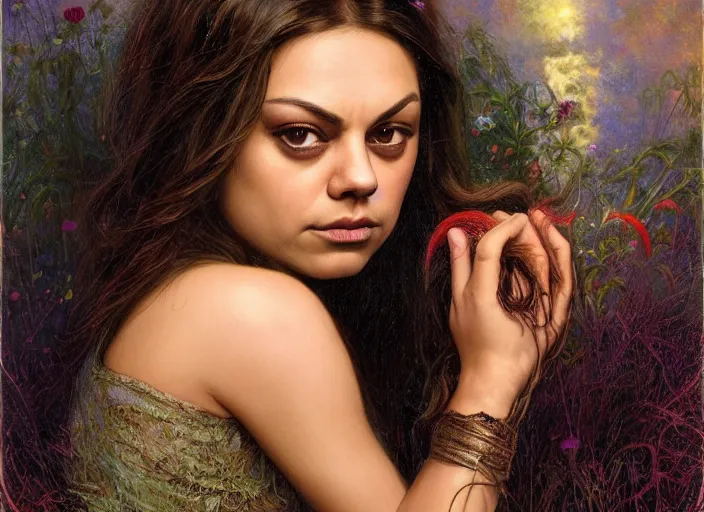 Image similar to Mila Kunis staring into the camera, misty wisps, Lilia Alvarado, Sophie Anderson, Mark Arian, Bob Byerley, Charlie Bowater, Mark Brooks, Steve Henderson, Justin Gerard, Arthur Hughes, Edward Robert Hughes, Mark Keathley, Victor Nizovtsev, Carlos Shwabe, Ross Tran, WLOP