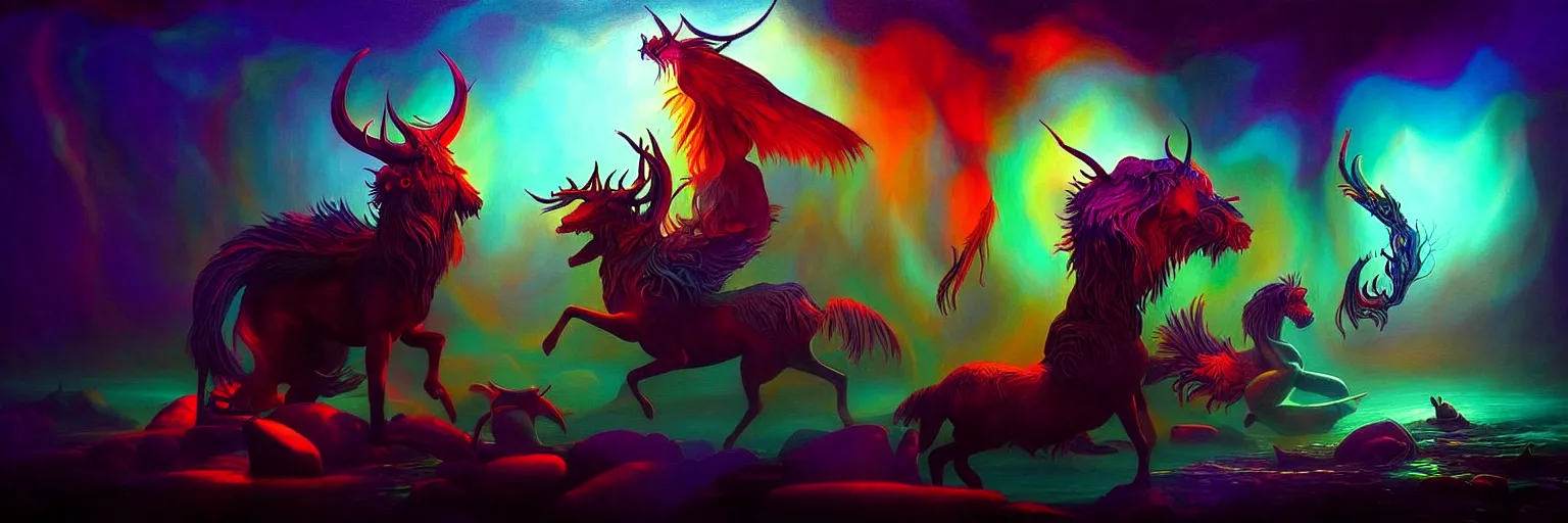 Prompt: mythical creatures from the depths of the collective unconscious, dramatic lighting with shallow dof, surreal darkly colorful painting by ronny khalil