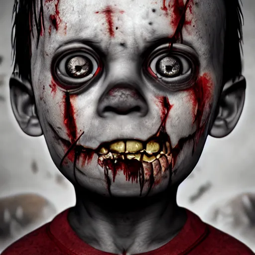 Prompt: angry zombie toddler without eyes portrait, empty bloody - black eyesockets, horror core, apocalyptic, feeling of grimdark, sharp focus, fiction, hyper detailed, digital art, trending in artstation, cinematic lighting, studio quality, smooth render, unreal engine 5 rendered, octane rendered, art style and nixeu and wlop and krenz cushart
