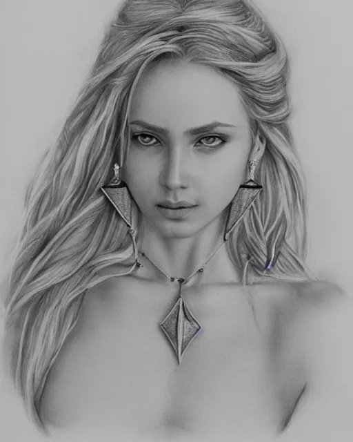 Image similar to pencil drawing of a beautiful greek goddess aphrodite with arrowhead earrings, beautiful piercing eyes, beautiful blonde hair, hyper realistic face, in the style of greg rutkowski, fantasy, amazing detail, epic, elegant, smooth, sharp focus, from the front