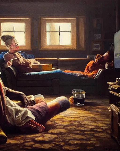 Prompt: hyper realistic oil painting of toad watching a movie chill on the couch and drink beer, long room, depth of field, vibrant colors, high contrast, by greg rutkowski, trending on artstation, caricaturist