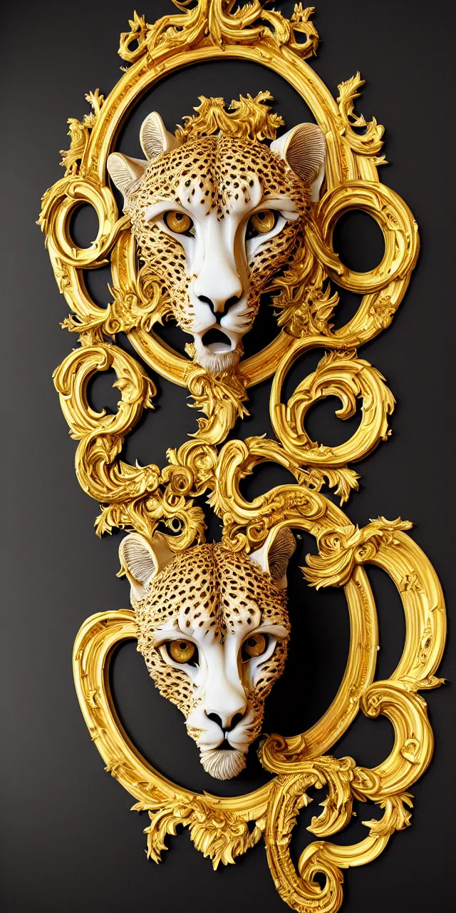 Prompt: beautiful portrait of a large ornate and intricate rococo cheetah face, symmetric, carved white marble with gold accents, 3 d, photorealistic, front facing, centered, hyper detailed, gold plated on black background, wallpaper, detailed and intricate emblem, baroque medallion,