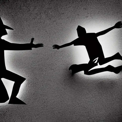 Prompt: shadow puppets come to life in, comedy, horror, HDR, dynamic contrast
