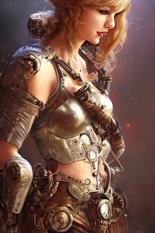 Image similar to taylor swift as a steampunk cyborg elf, portrait, western, steampunk, duster, fantasy, intricate, elegant, highly detailed, digital painting, artstation, concept art, sharp focus, illustration, art by artgerm and greg rutkowski and alphonse mucha