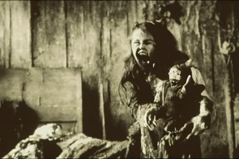 Prompt: film still of a scarred horrid vampiric creature with huge fangs clutching a victorian doll in a cluttered ruined barnyard, horror movie, eerie, creepy, grainy, dark, amazing lighting, great cinematography