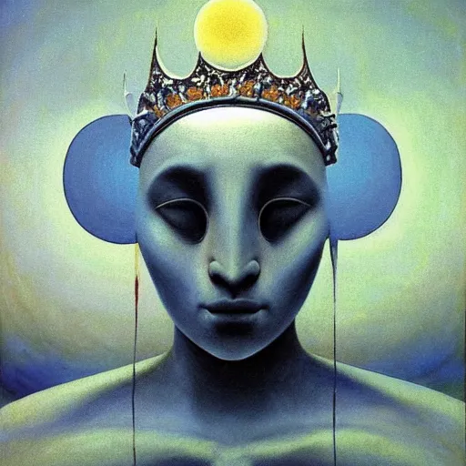 Prompt: Artemixel, the modern reincarnation of the old selenium god of hunt and moon, also known as Artemis or Selene, carrying the crown of the crescent moon. They are crowned by a bright and slightly bluish crescent like the brightness of the night. Portrait by Zdzislaw Beksinski, oil on canvas. Masterpiece.