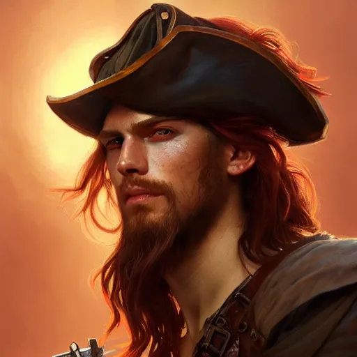 Image similar to portrait of a young rugged pirate, male, masculine, upper body, red hair, long hair, d & d, fantasy, intricate, elegant, highly detailed, digital painting, artstation, concept art, matte, sharp focus, illustration, art by artgerm and greg rutkowski and alphonse mucha