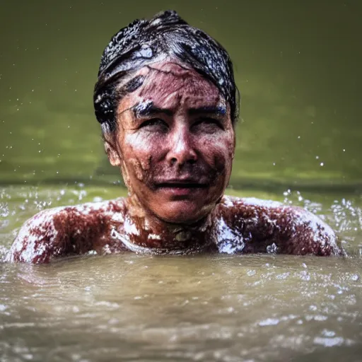 Image similar to a person bathing in sewage, portrait photograph