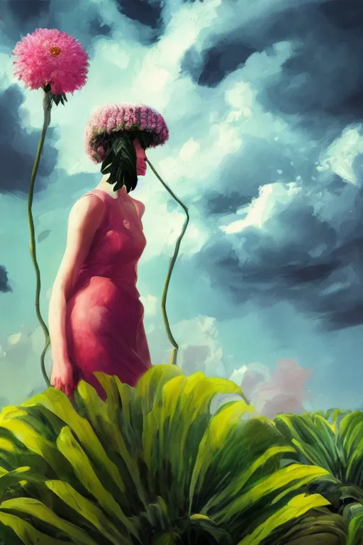 Prompt: closeup, girl with giant flower head, between monsteras, surreal photography, wind and cold, dramatic sky, impressionist painting, digital painting, artstation, simon stalenhag