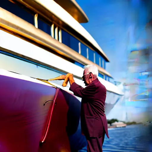 Image similar to wrinkled hunchbacked old man in musty burgundy suit, polishing painting the side of a huge gold plated mega yacht with a cloth, maintenance photo